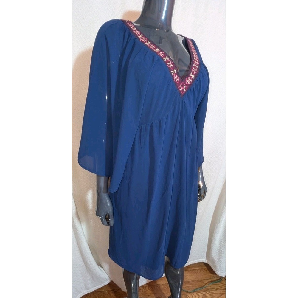 Flying Tomato Blue Embroidered Tunic Dress V-Neck Tassel Size L Boho Butterfly